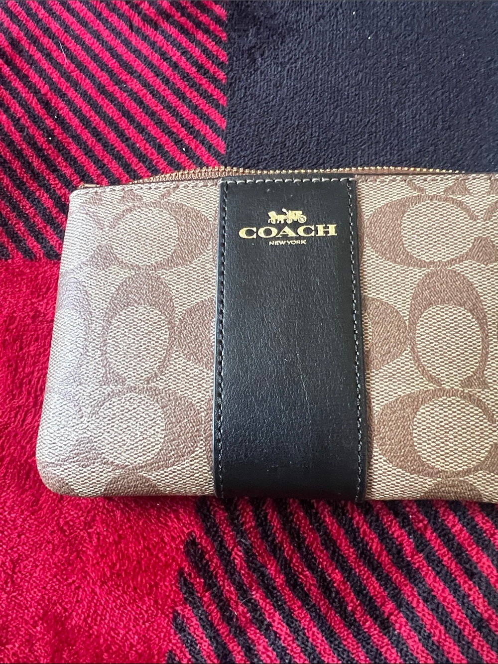 COACH Signature Canvas and Leather Zip Wallet in Brown/Black